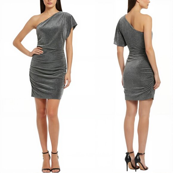Express One-Shoulder Ruched Metallic Goddess Mini Dress L BNWT 🍾🎉 - Picture 2 of 13